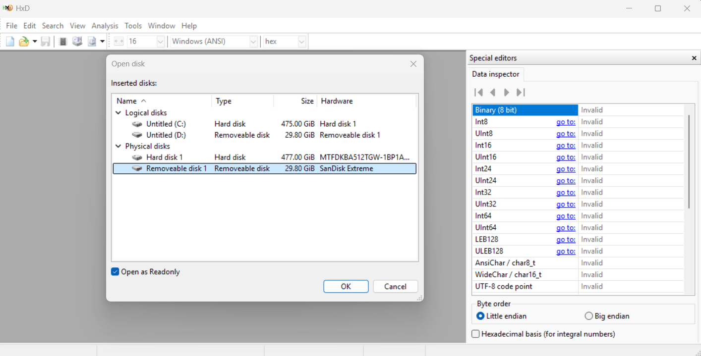 Opening a physical disk in HxD