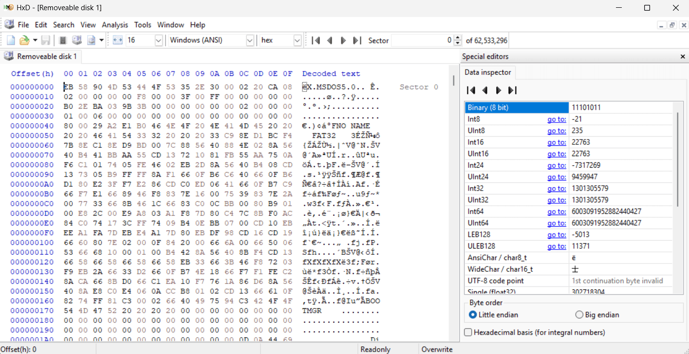 HxD showing file names and file system data before erase
