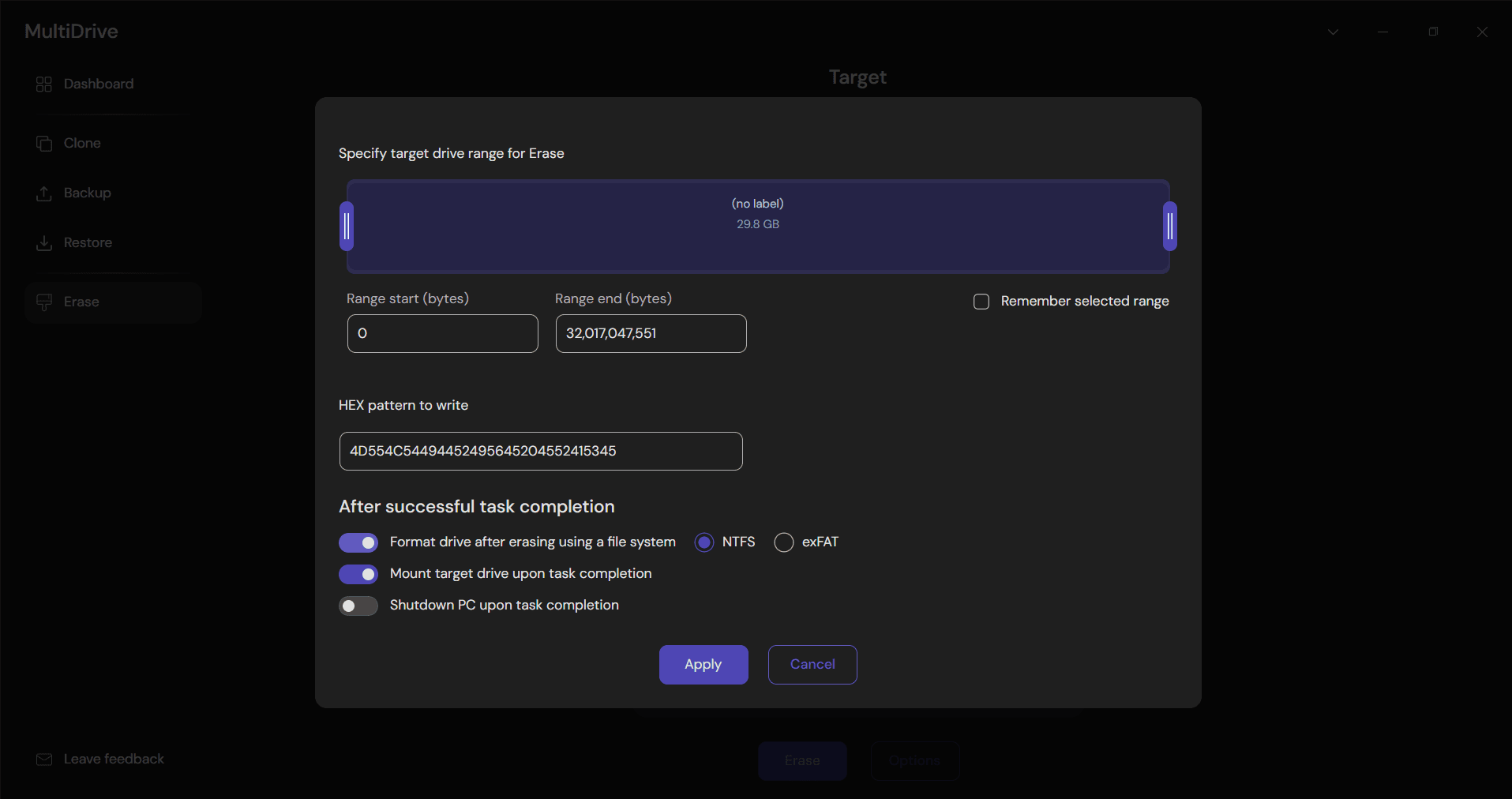 Custom hex pattern entered in MultiDrive