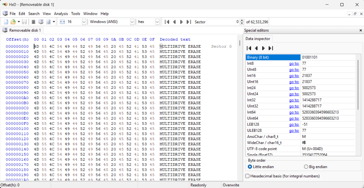 HxD showing MULTIDRIVE ERASE in every sector